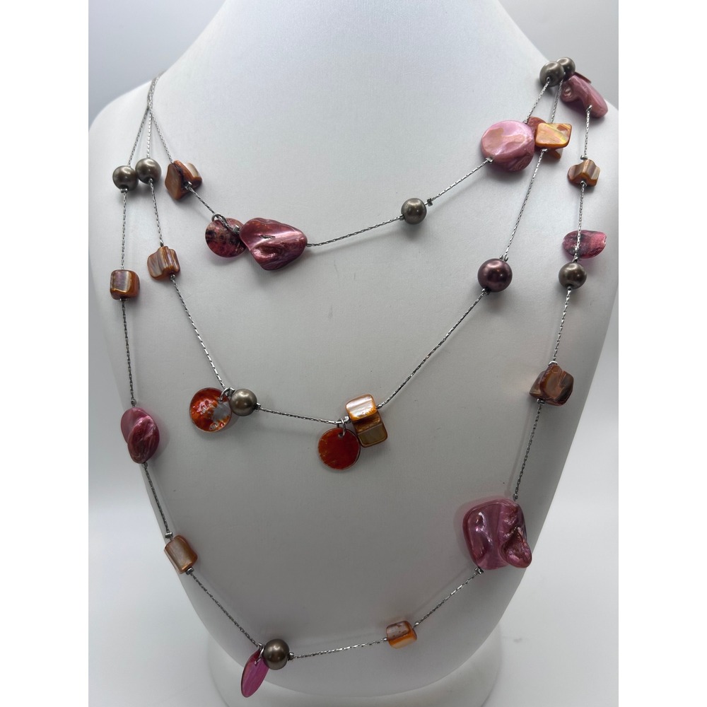 Pink Orange Shell Pearl Multi Strand Layered Necklace Silver Tone Boho Statement